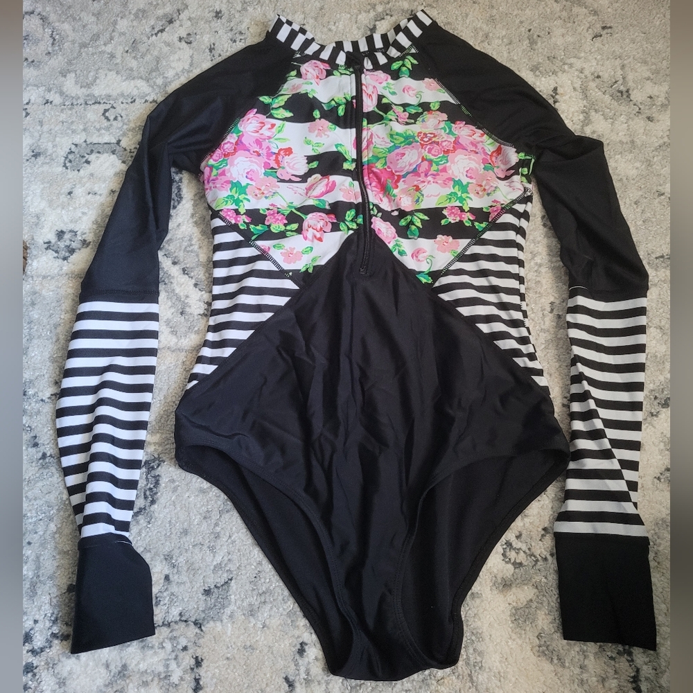 Floral and Striped Colorblock Swimsuit or Bodysuit Festival Fairy Coachella - Picture 2 of 7